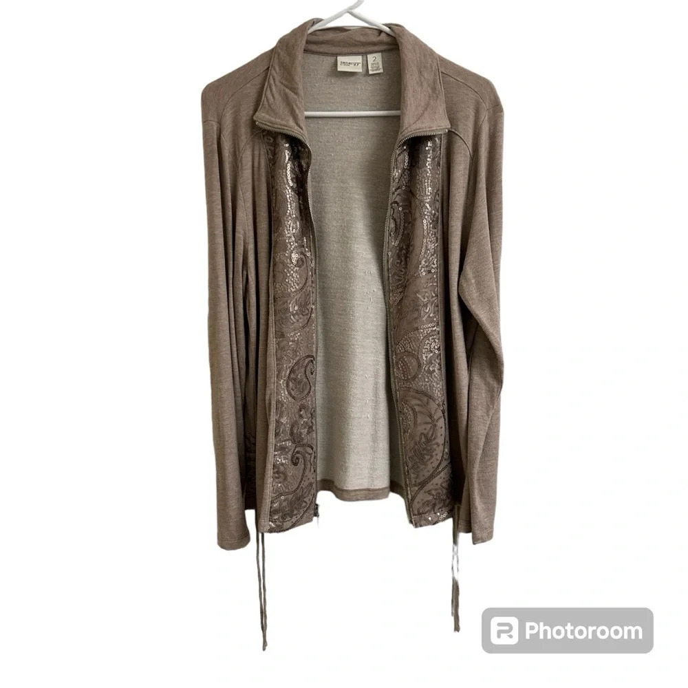 Chico’s Zenergy Women’s 2 Lg Beige Sequined Zip Up Jacket Side Ruched Athletic - Picture 4 of 12